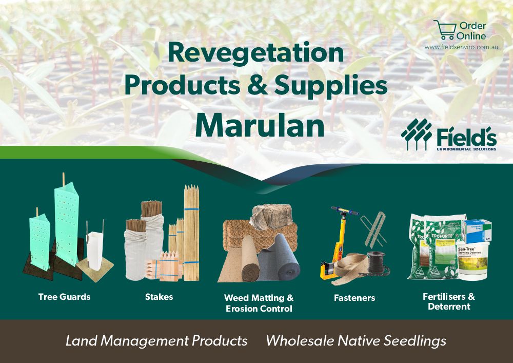 Fields Revegetation Products & Supplies Marulan - Tree Guards - Erosion Control - Coir Logs - Weed Mat - Hardwood Stakes